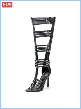 Open Toe Knee High Stiletto Heel Boots with Metal Buckle